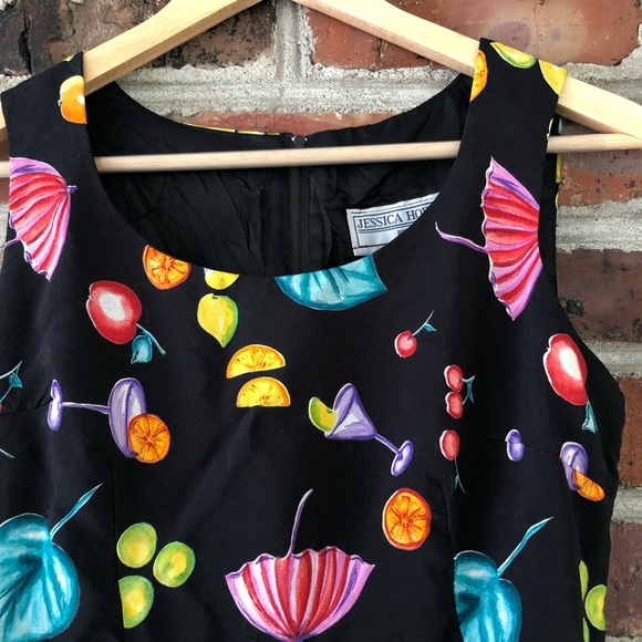 JESSICA HOWARD • Vintage Black Dress Neon Funky Fruit and Cocktail Pattern - Picture 14 of 14